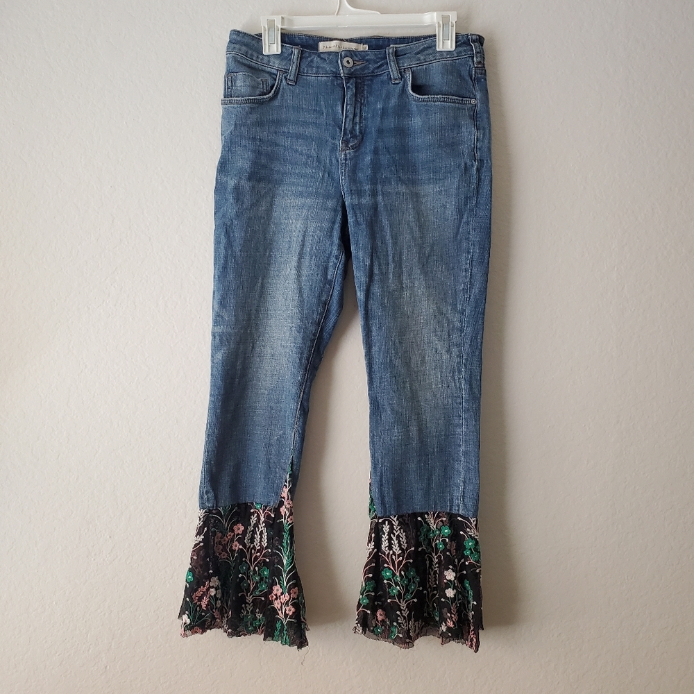 Anthropologie Pilcro and The Letterpress Bell Bottom Flare Lace Floral Jeans